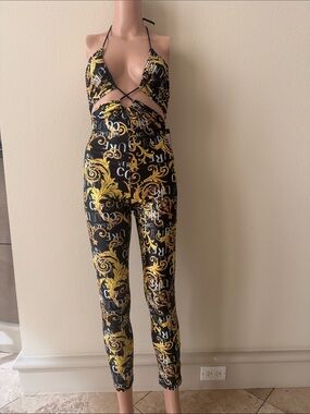 Versace Black & Gold Baroque Cutout Halter Jumpsuit